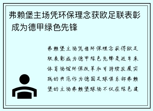 弗赖堡主场凭环保理念获欧足联表彰 成为德甲绿色先锋