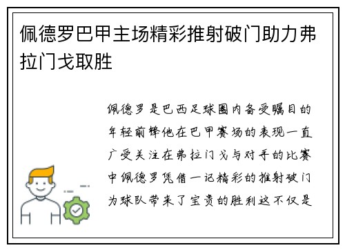 佩德罗巴甲主场精彩推射破门助力弗拉门戈取胜 佩德罗巴甲主场精彩推射破门助力弗拉门戈取胜