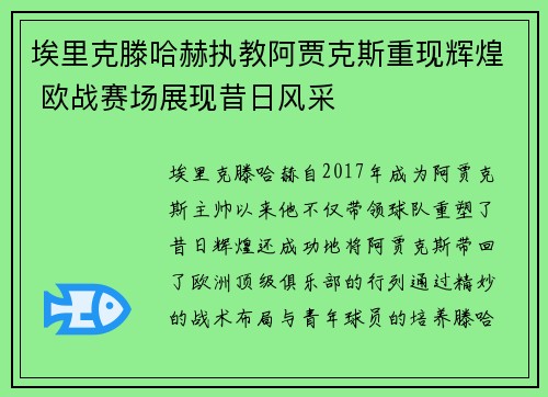 埃里克滕哈赫执教阿贾克斯重现辉煌 欧战赛场展现昔日风采 埃里克滕哈赫执教阿贾克斯重现辉煌 欧战赛场展现昔日风采